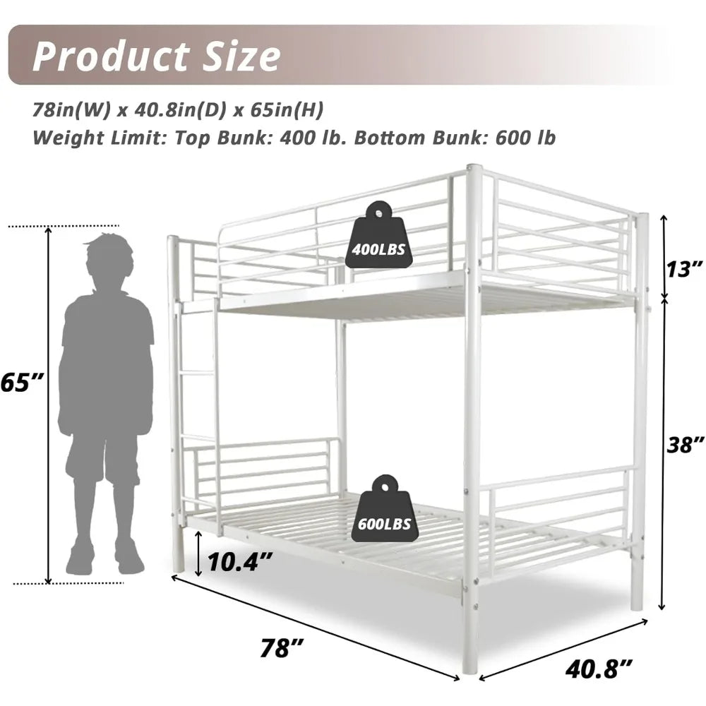 White Bunk Bed Twin Over Twin with 2 Storage Drawers, Metal Bunk Bed with Built-in Ladder