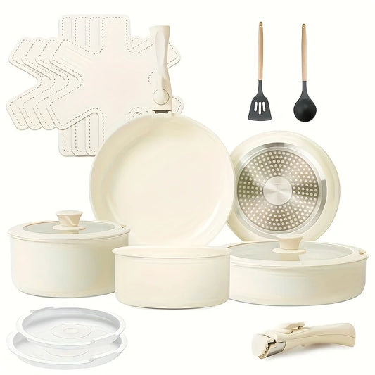 17pcs Ceramic Nonstick Kitchen Pots And Pans Cookware Set/Removable Handles RV Kitchen Set