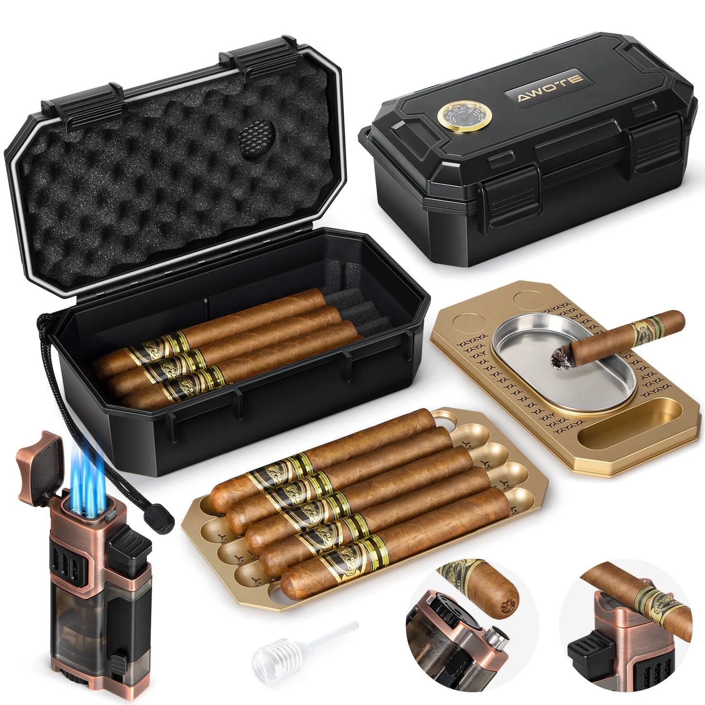 AWOTE Travel Humidor Set w/Torch Lighter, Ashtray, Humidifier & Hygrometer Portable Case Men Gift