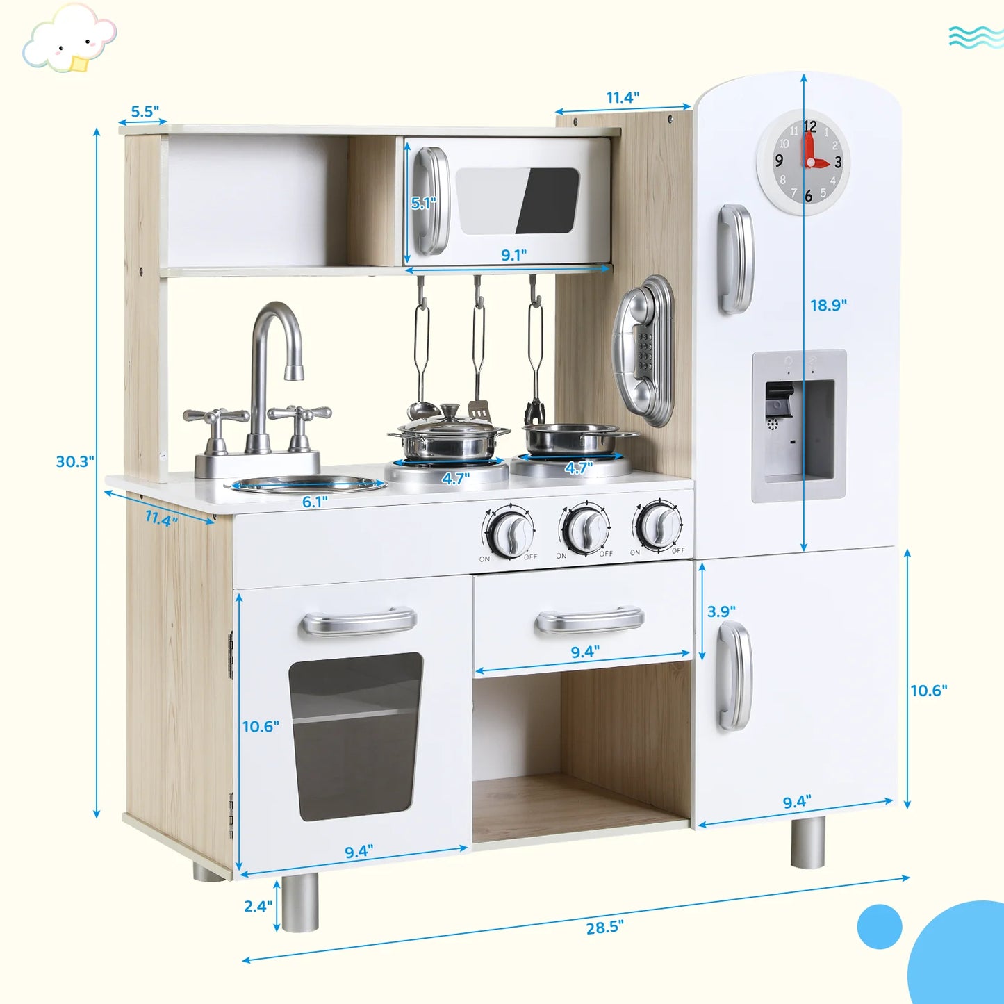 Kids Kitchen Playset, Preschool Cooking Kitchen, Toddler Wooden Pretend Play Toy w/Fridge, Stove