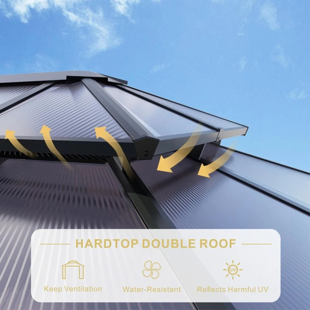 10’x12’ Hardtop Gazebo, Double Roof Patio Pergola with Polycarbonate Panels, Aluminum Frame