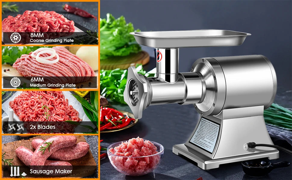 Commercial Meat Grinder, 1.5 HP, 1100W, 551LB/h Stainless Steel Electric, Heavy Duty Industrial