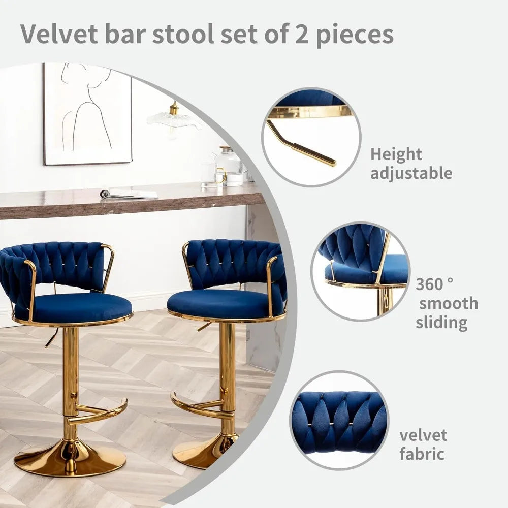 Gold Bar 4 Stools, Counter Height Bar Stools w/Low Back, Velvet Adjustable Height Barstool 360°