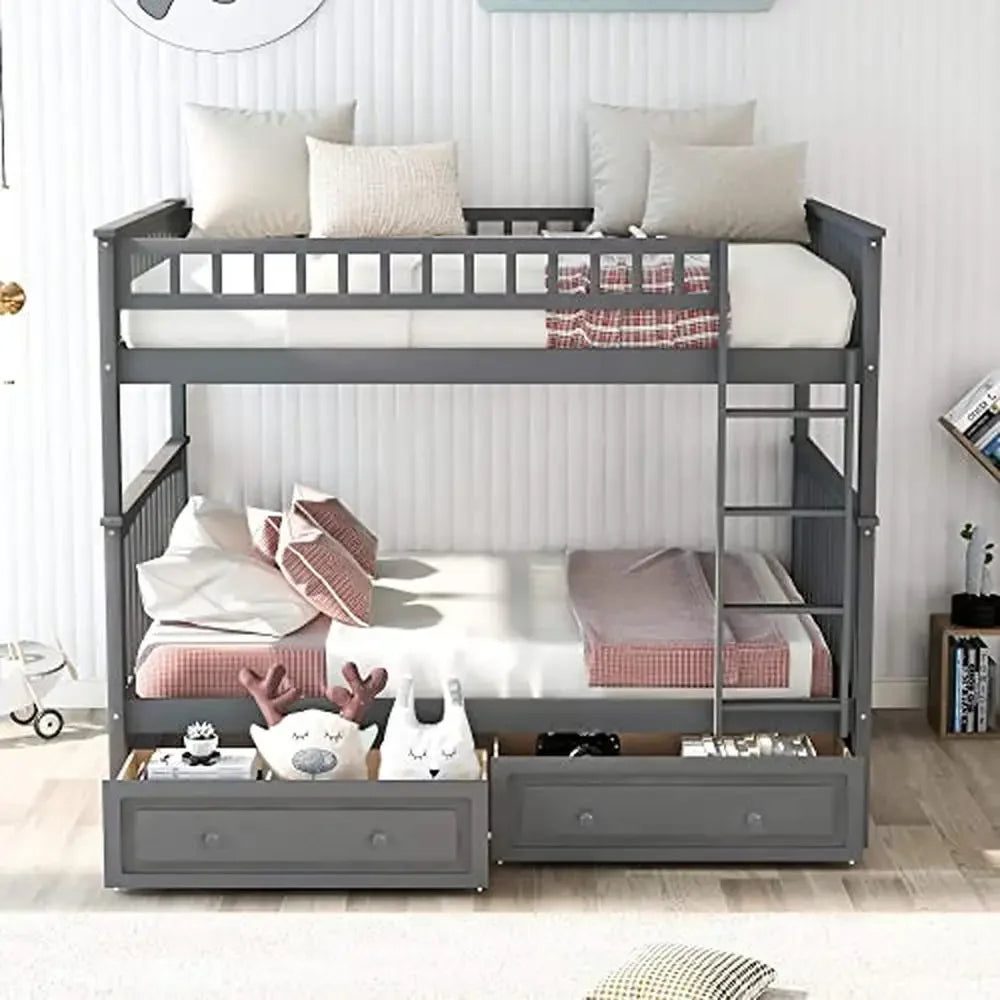 Full over Full Bunk Bed w/Two Storage Drawers Versatile Convertible Design Solid Wood Construction