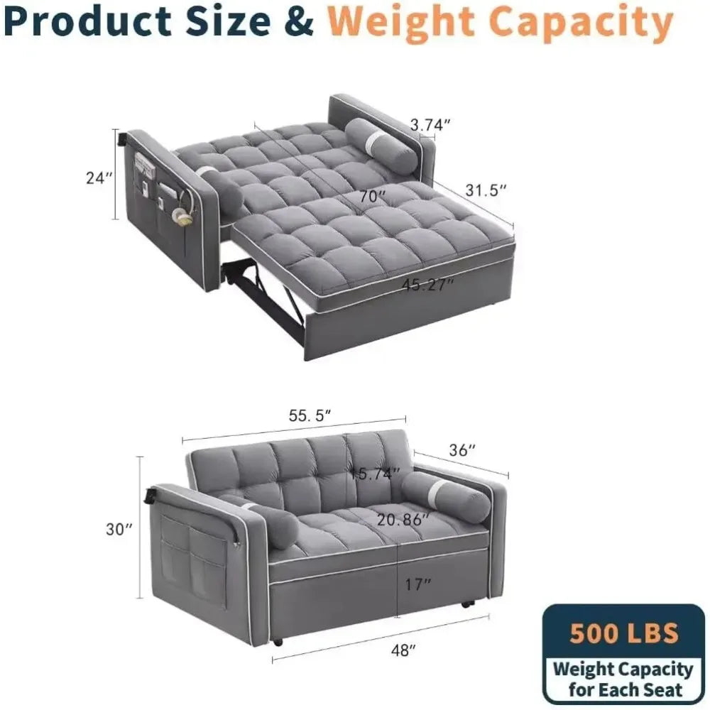 Sleeper Sofa Couch/ Futon Sofa Bed, 3 in 1 Convertible Pull Out w/ USB Port & Swivel Phone Stand