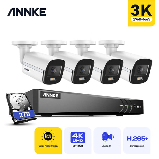 ANNKE 8CH 5MP Video Surveillance 5IN1 DVR/4X 5MP Waterproof Cameras CCTV Kit Color Night Vision