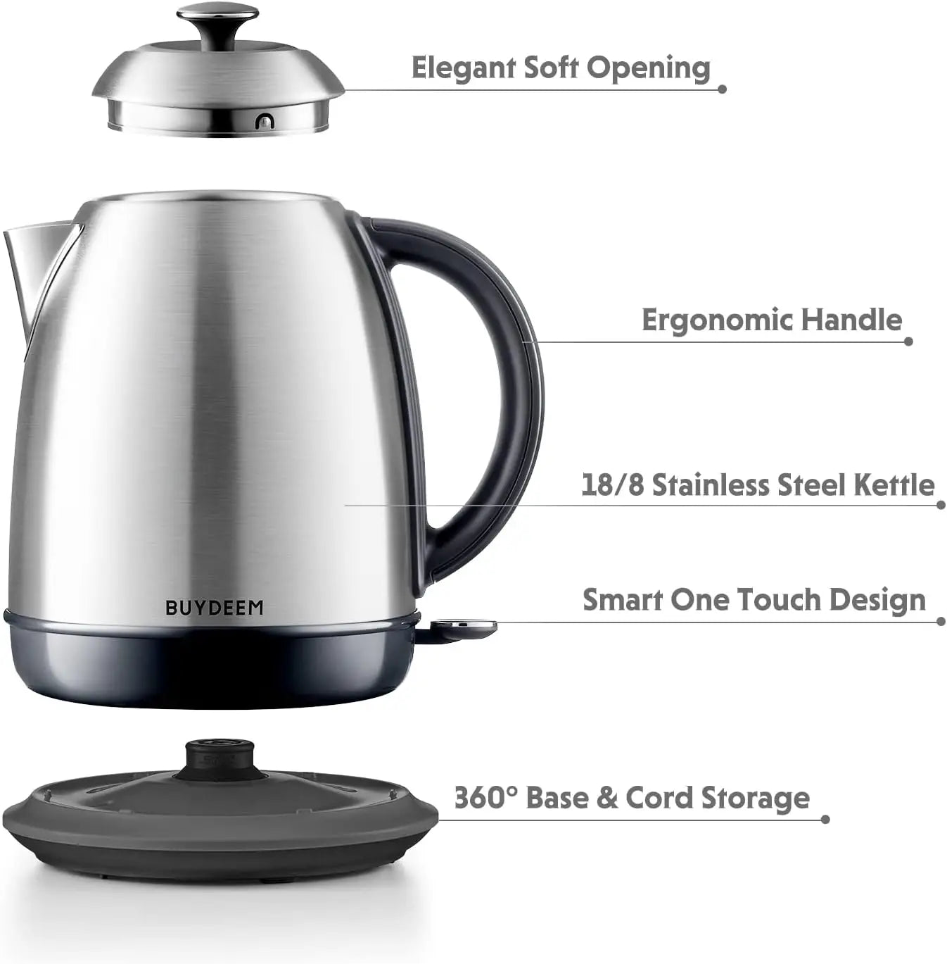 Stainless Steel Electric Tea Kettle w/Auto Shut-Off & Boil Dry Protection,1.7L Cordless Water Boiler