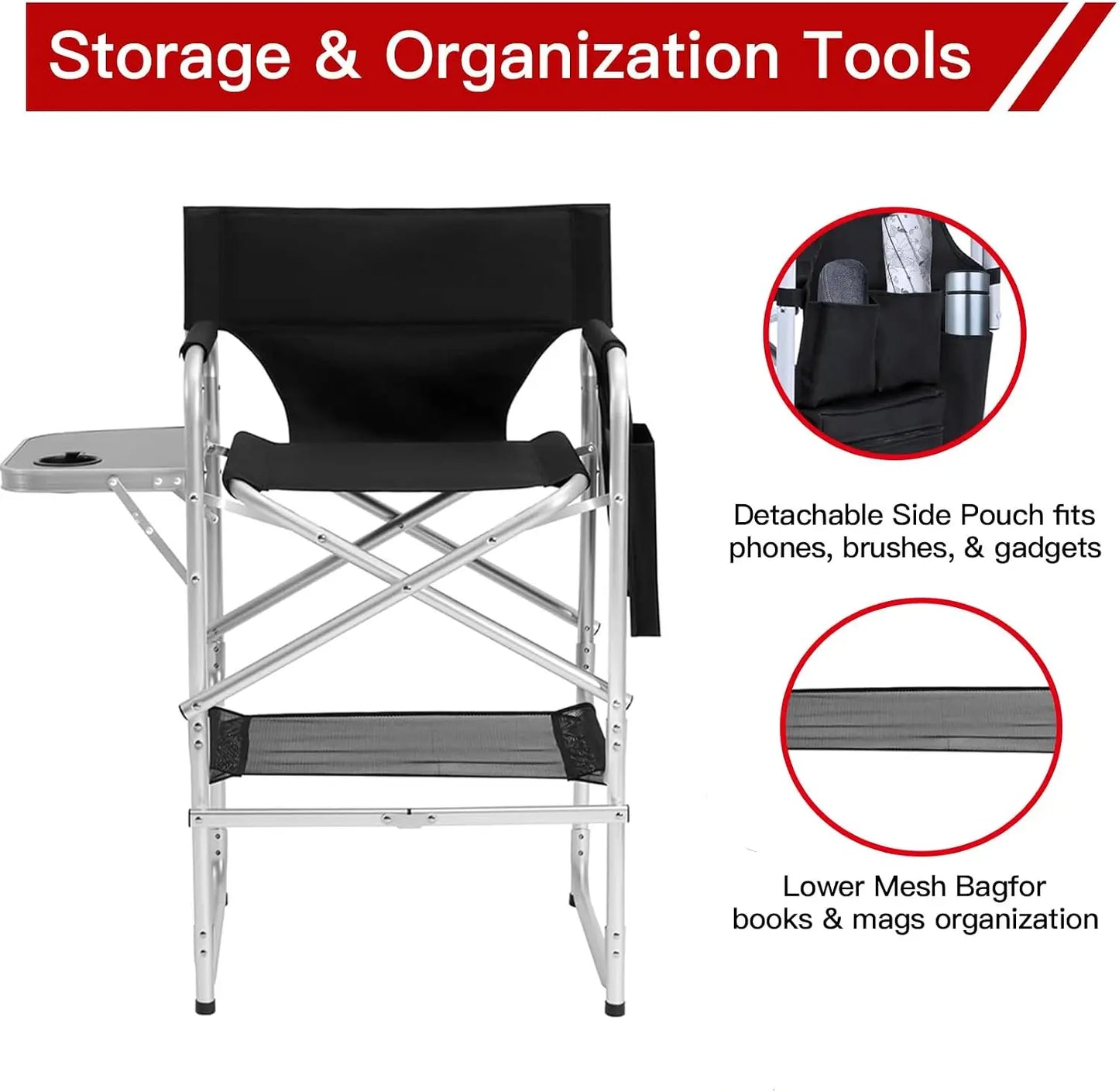 Tall Directors Chair For Makeup Artist Foldable Portable Client Chair With Side Table Cup Holder