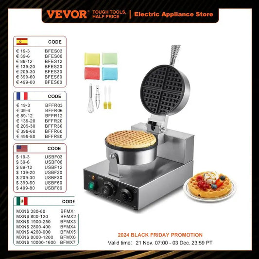 VEVOR Commercial Waffle 1230W Round Belgian Waffle Baker Non-Stick Stainless Steel