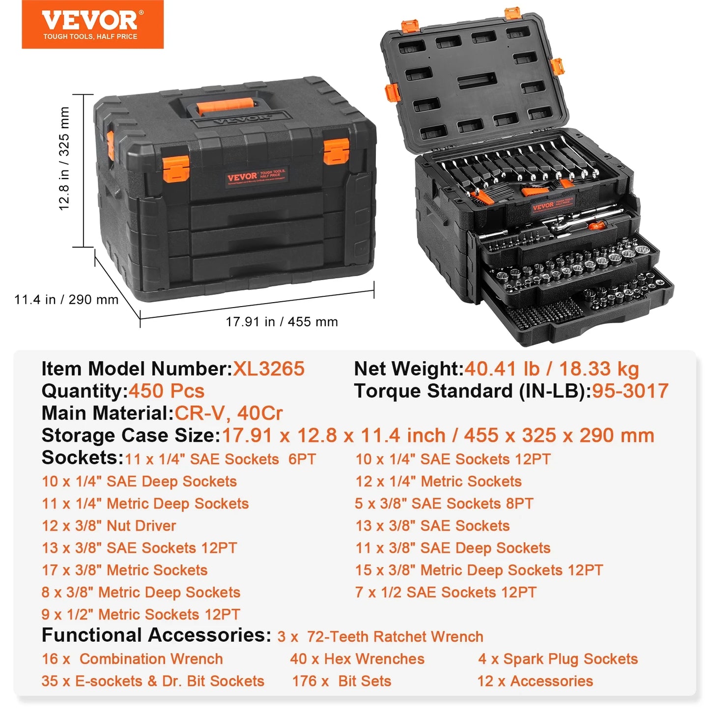 SucceBuy Mechanics Tool Set 1/4" 3/8" 1/2" Drive Deep Standard Sockets 450 Pcs SAE and Metric