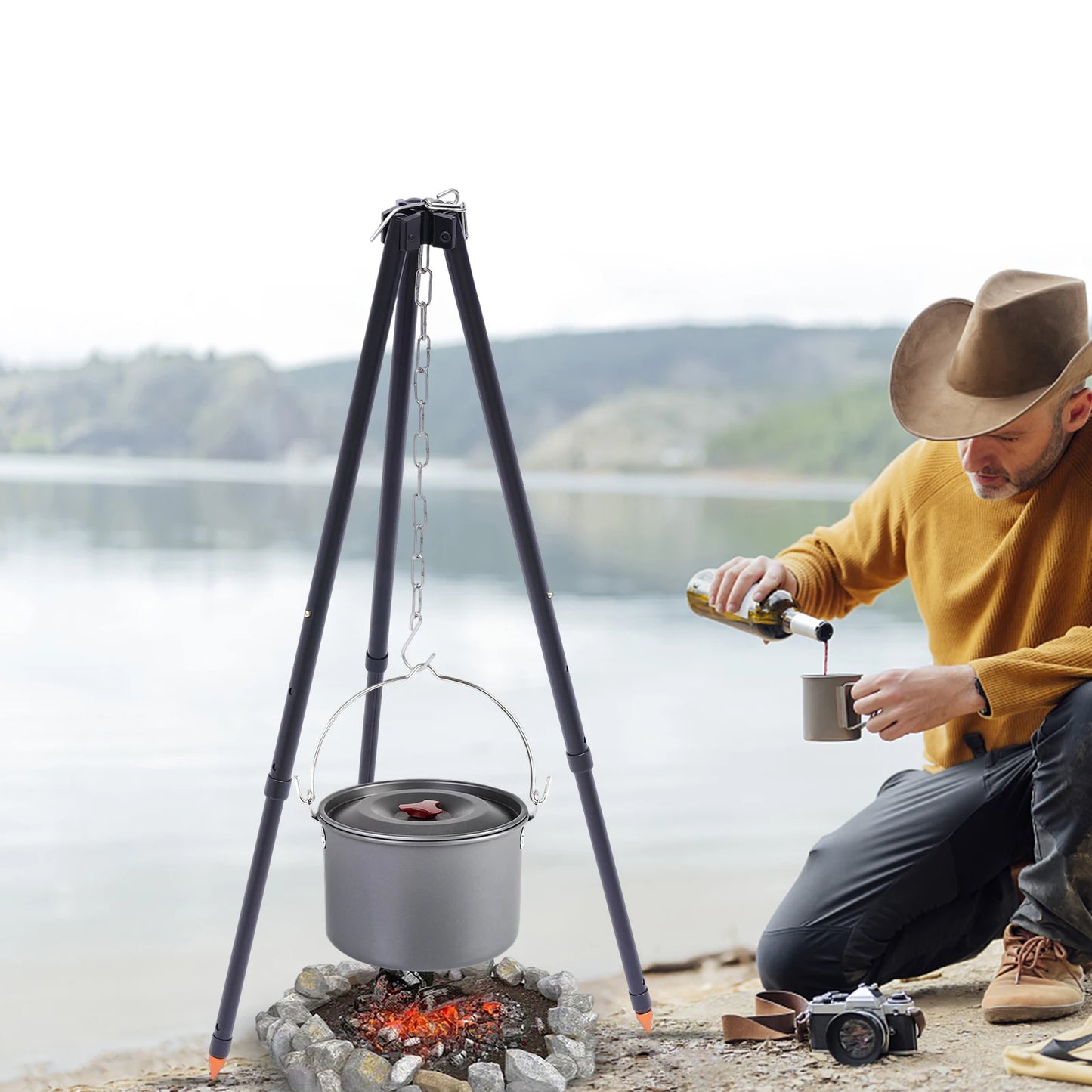 Camping Tripod Lantern Hanger with Storage Bag Stainless Steel Triangle Hanging Pot Rack