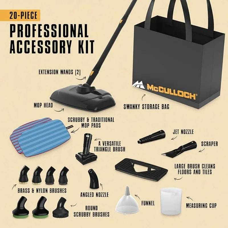 McCulloch MC1375 Canister Steam Cleaner w/20 Accessories, Extra-Long Power Cord, Chemical-Free