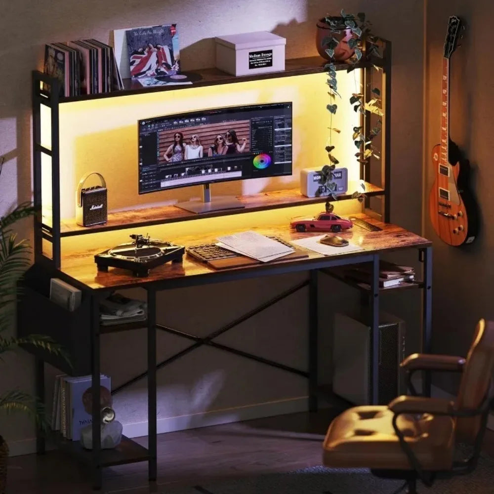 55 inch Computer Desk with Adjustable Shelves, Gaming Desk with LED Lights & Power Outlets, Home Office Desk with Monitor Stand