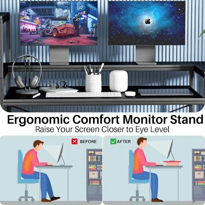 Computer Desk with Storage Shelves, 63 Inches Large Industrial Office Desk Workstation