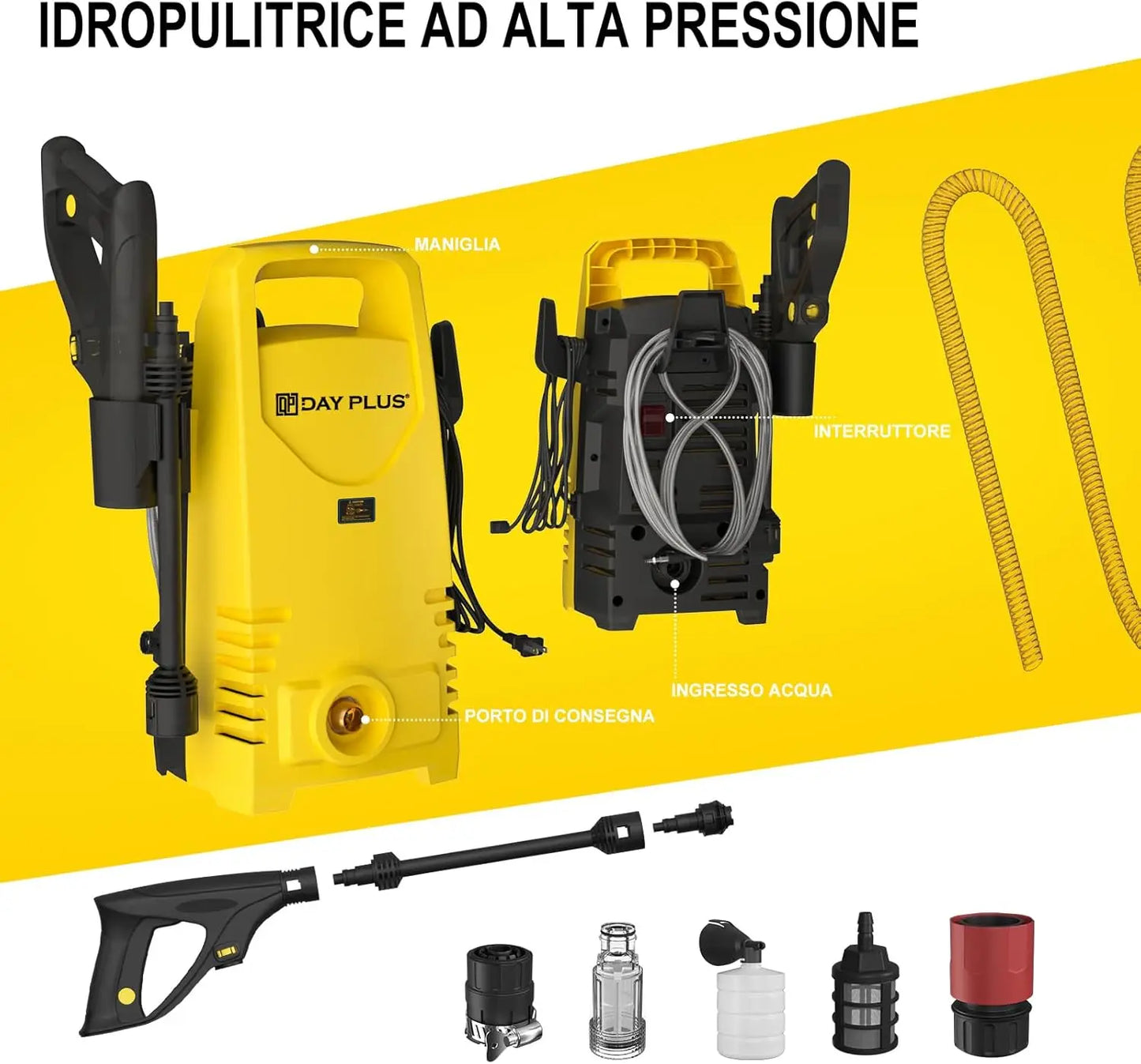 Electric High Pressure Washer 1600W,120bar,380l/h Adjustable Lance from 0 to 180°,7m Flexible Hose