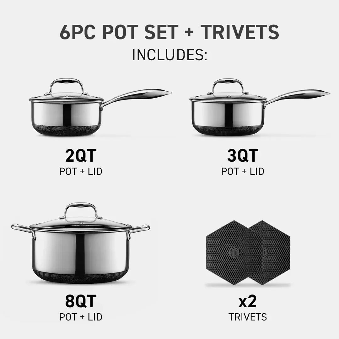 HexClad Hybrid Nonstick 6-Piece Pot Set w/Trivets, 2, 3, and 8-Quart Pots w/Tempered Glass Lid