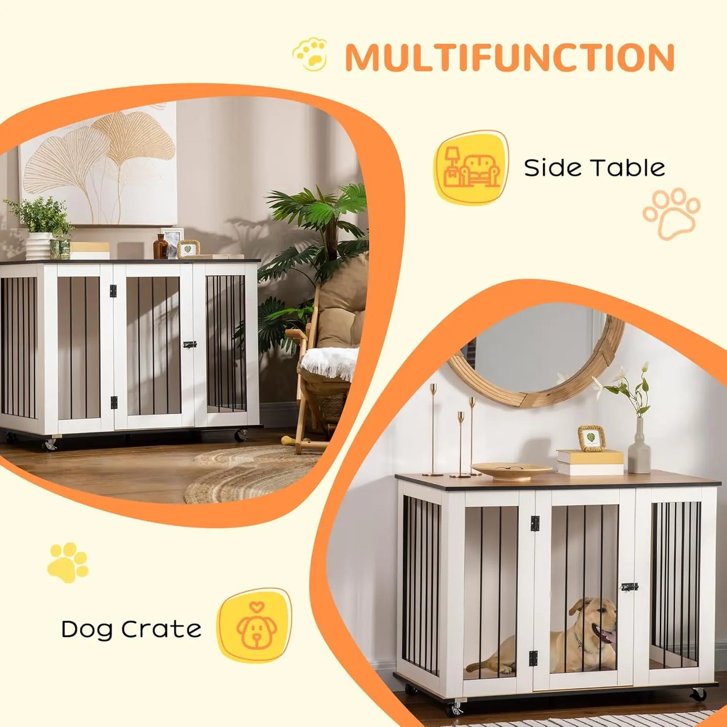 Dog Crate Furniture on Wheels, End Table Indoor w/ Lockable Door, 42" W x 23.5" D x 32" H