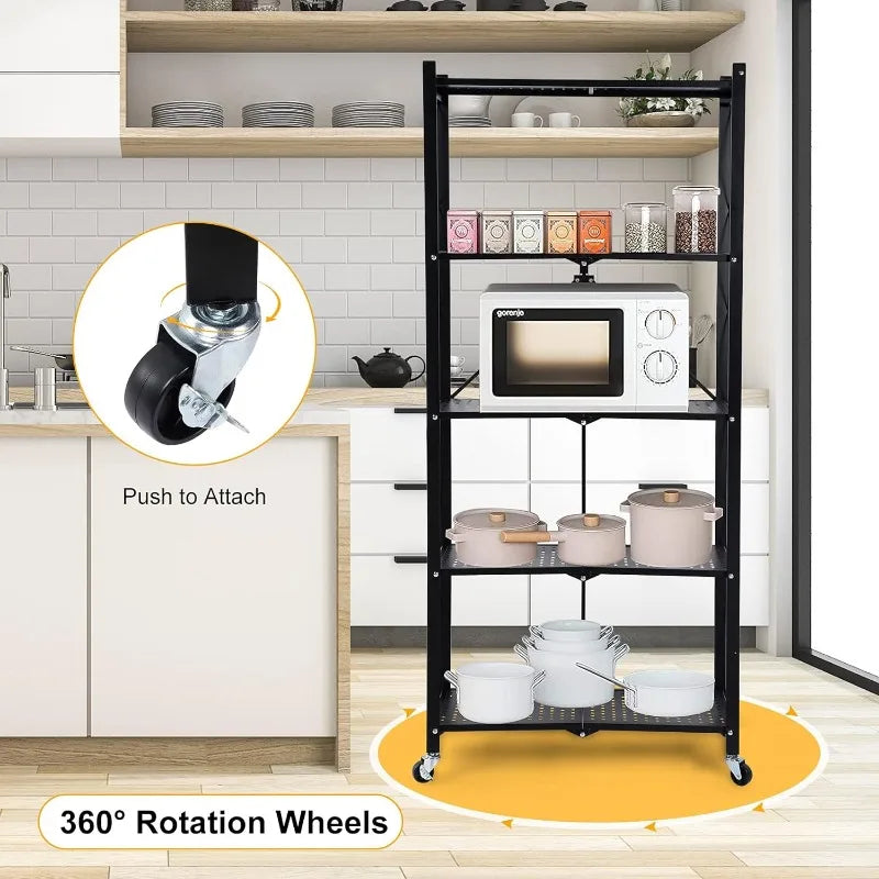 5-Tier Heavy Duty Foldable Metal Rack Storage Shelving Unit with Wheels Moving Easily Organizer