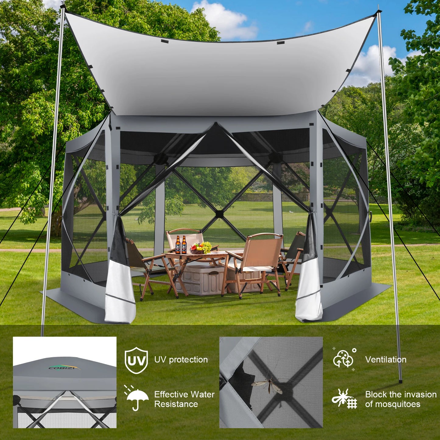 Pop Up Gazebo 12'x12' 6-Sided Screen House Tent for Camping, Instant Stargazing Gazebo Canopy