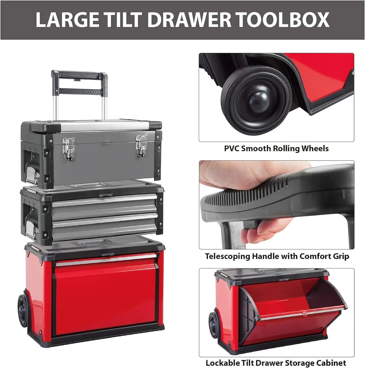 BIG RED Stackable Portable Metal Tool box Organizer w/Wheels and 2 Drawers, Rolling Tool Chest