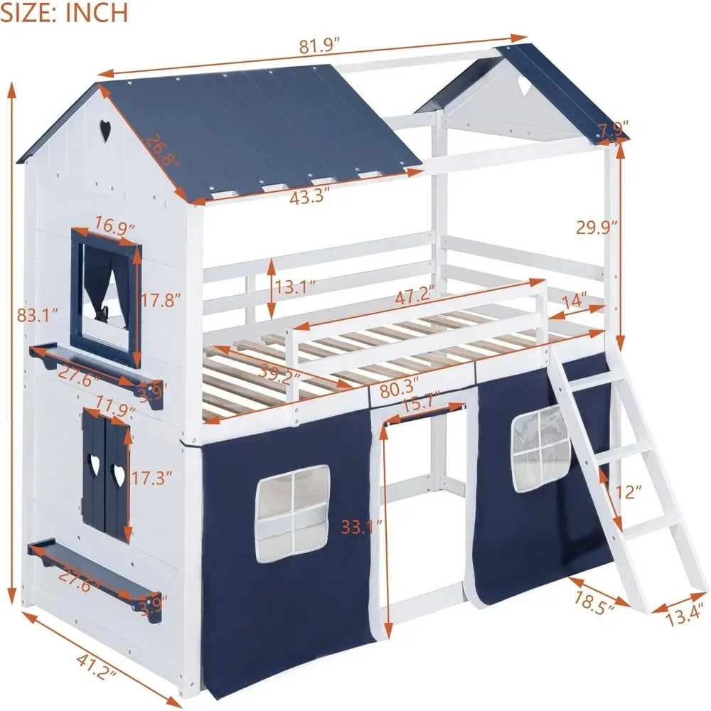 House Twin Loft Bunk Bed with Tent,Kids Twin Loft Bed with Ladders Guardrail  Windows & Roof Wood