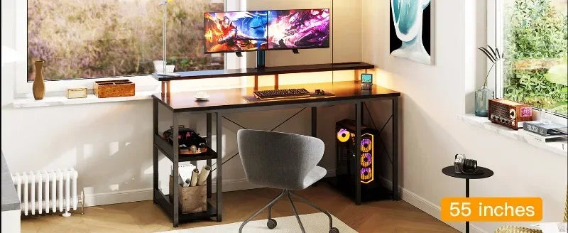 Computer Desk, 48" Gaming Desk/LED Lights & Power Outlets, w/Monitor Stand & Storage Shelves