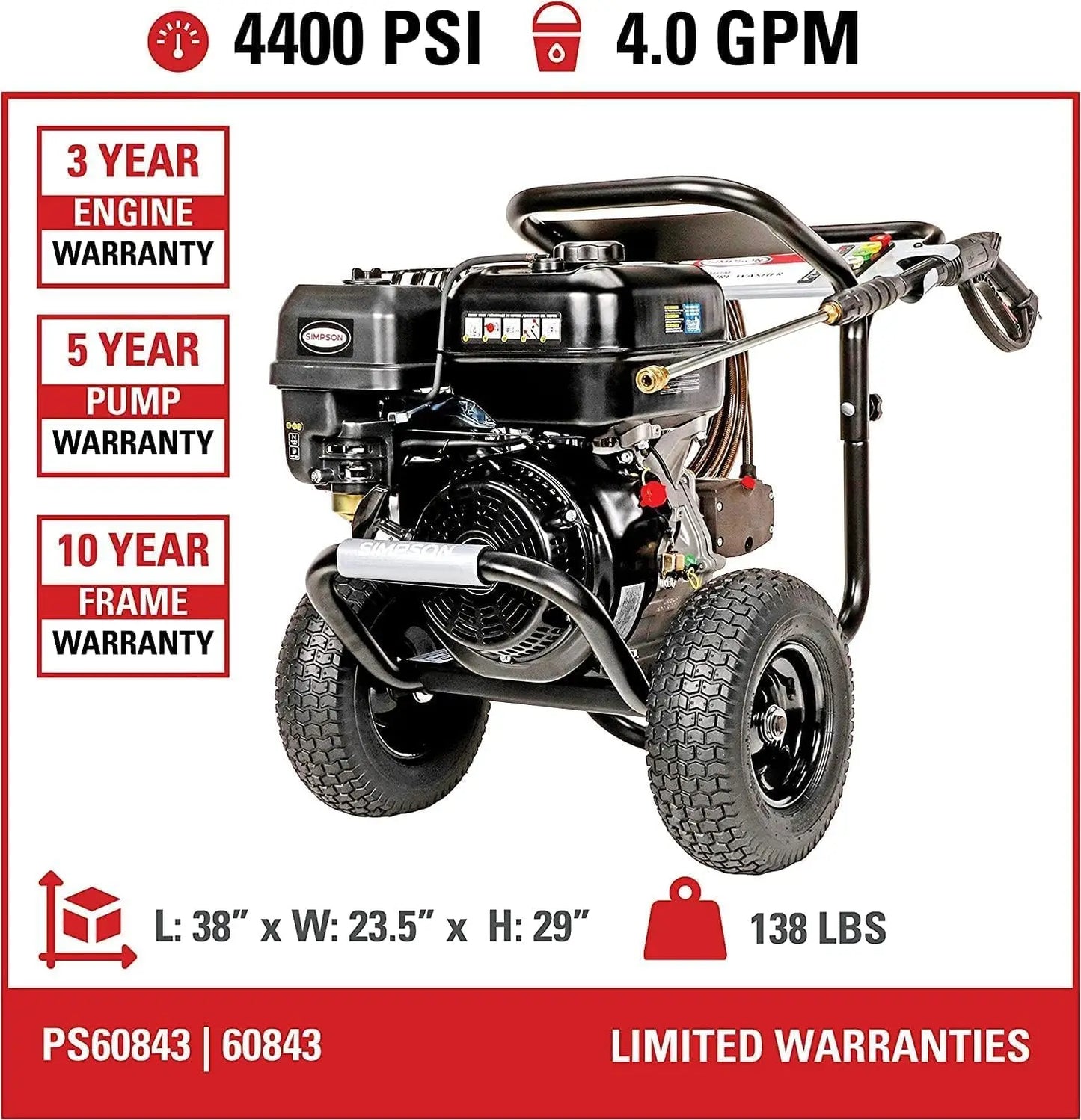 SIMPSON Cleaning PS60843 PowerShot 4400 PSI Gas Pressure Washer, 4.0 GPM, CRX 420cc Engine,