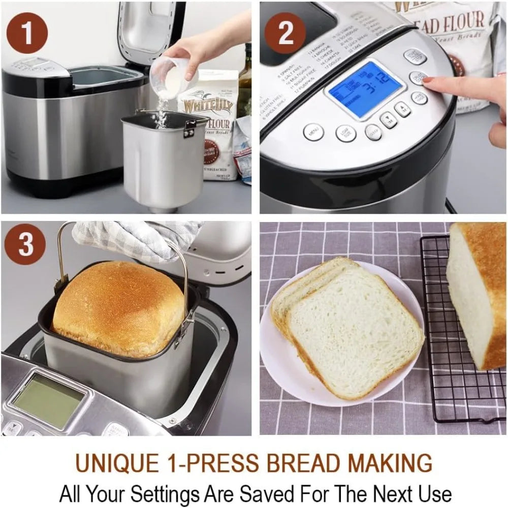 29-in-1 SMART Bread Machine with Gluten Free Setting 2LB 1.5LB 1LB Bread Maker Machine - Stainless