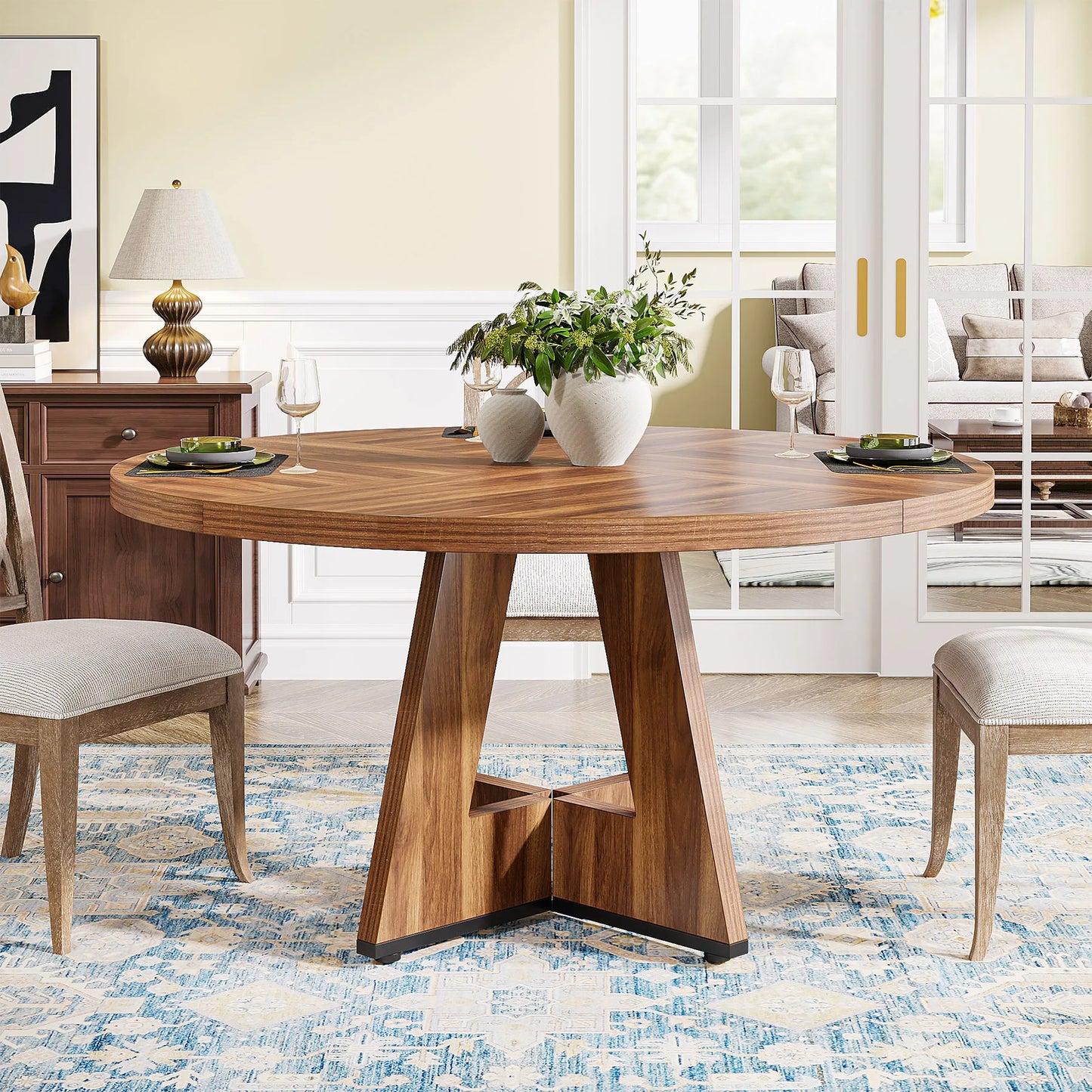 Tribesigns Round Dining Table for 4, 47 Inch Farmhouse Small Dinner Table Kitchen for Dining Room