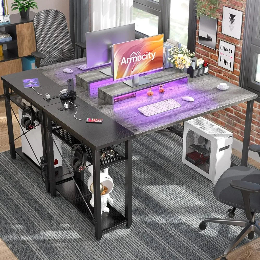 Computer Desk w/ LED Lights, 47 Gaming Desk w/ Power Outlet and USB, Reversible Laptop Table