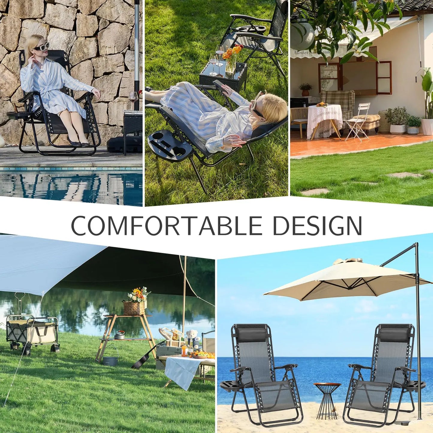 JHK Zero Gravity Portable Recliner Camping Patio Outdoor Garden Lounge Chair with Cup Holder Trays