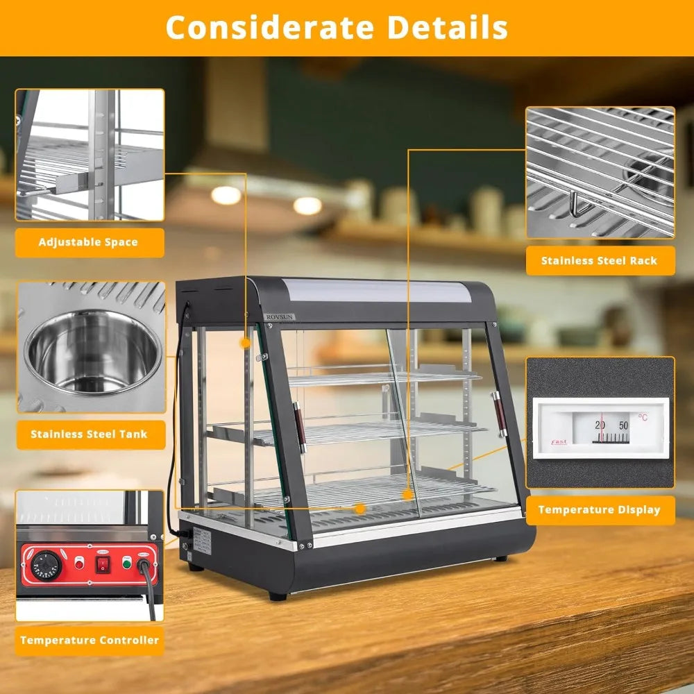 ROVSUN 26" Commercial Food Warmer Display Pizza Warmer, 3-Tier Electric Countertop Food Warmer w/LED