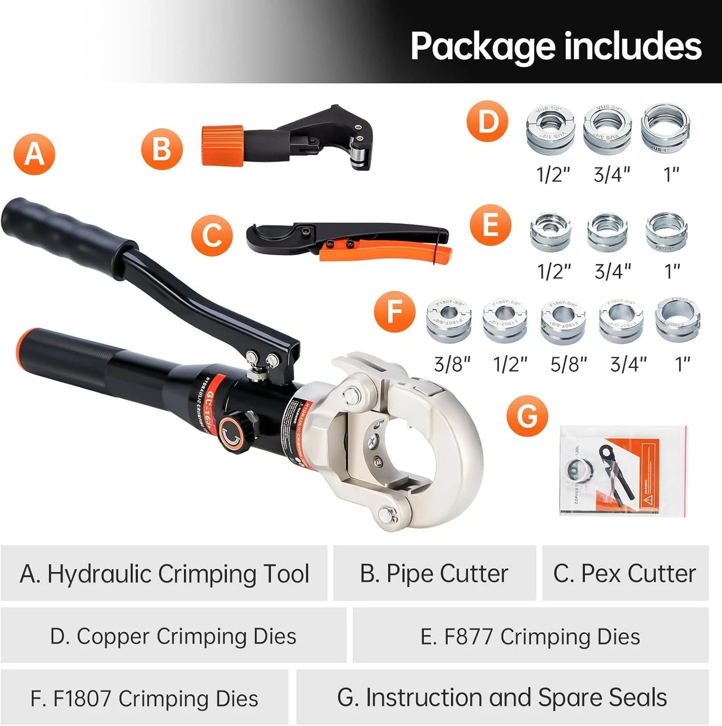 Hydraulic Copper Pipe Tube Fittings Crimping Tool/1/2,3/4,1" Dies/ F877 Stainless/PEX Press/Copper