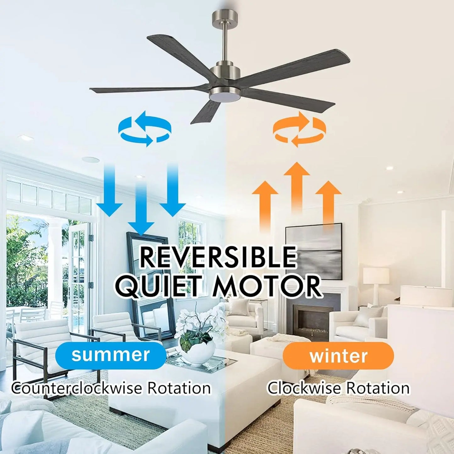 60" Modern Ceiling Fan w/Lights & Remote Control, 5 Solid Wood Blades 6-Speed Reversible DC Motor