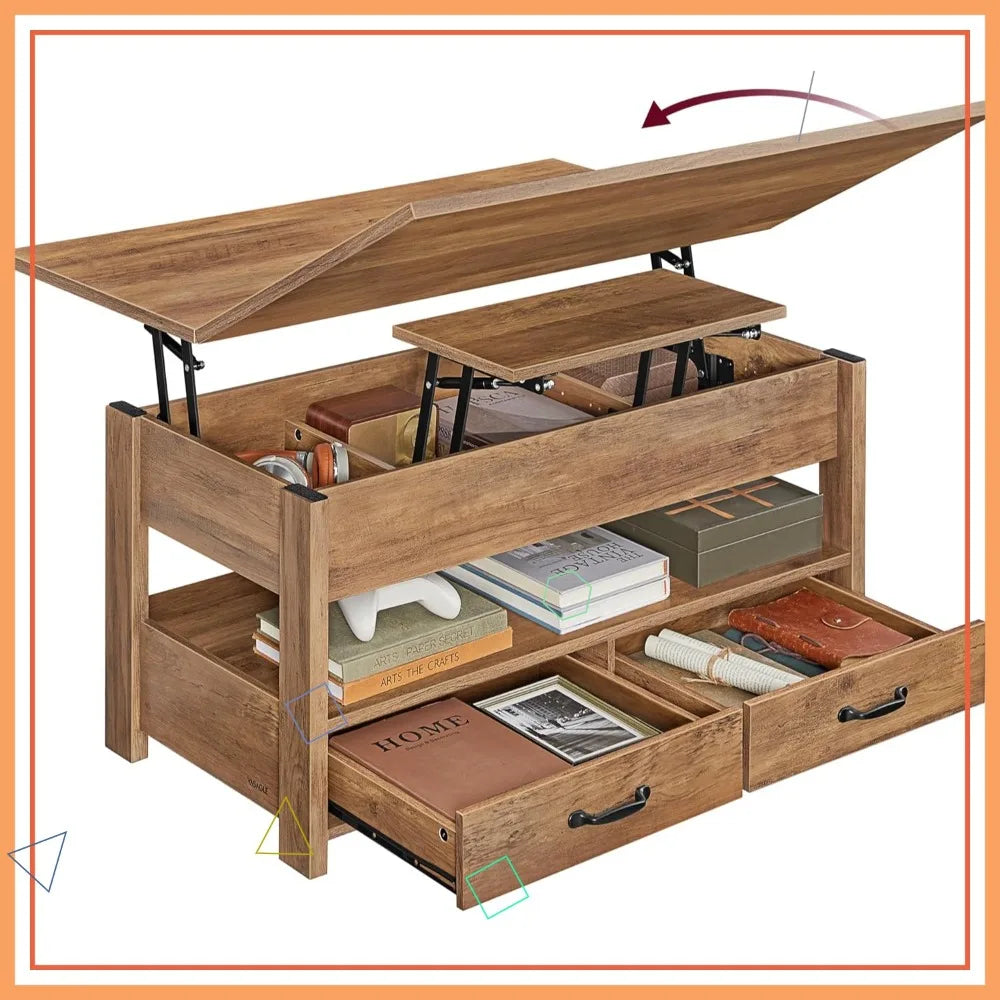 Lift Top Coffee Table with Storage, Gas Spring, Drawers & Hidden Compartments for Living Room