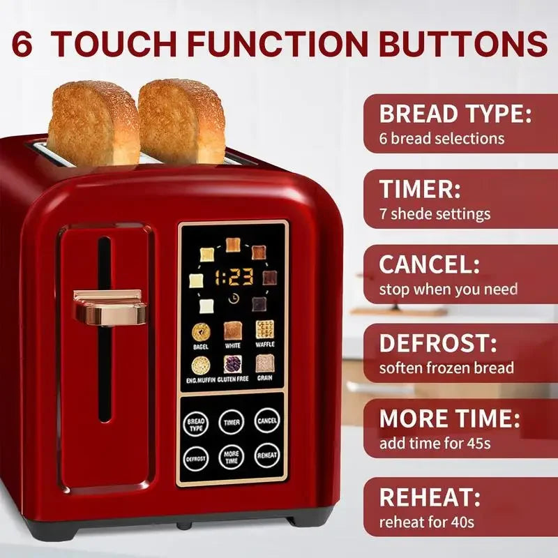 Toaster 2 Slice, Stainless Toaster LCD Display & Touch Button, 50% Faster Speed, 1.4'' Wide Slots