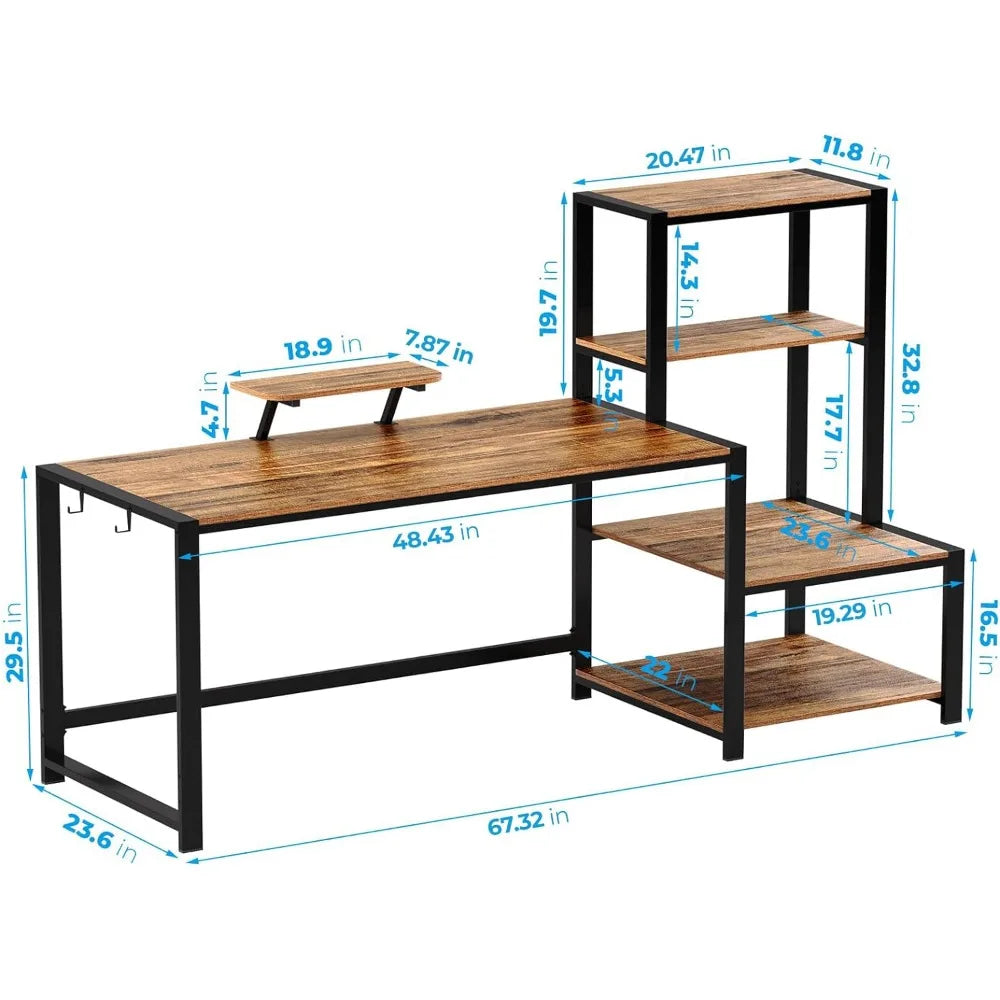 Computer Desk 67 inch Large Study Writing Table with Movable Monitor Stand and 2 Headphone Hooks