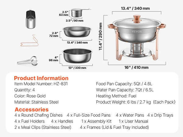SucceBuy 4 Pack Chafing Dish Buffet Set Stainless Steel Chafer w/4 Full Size Pan Round