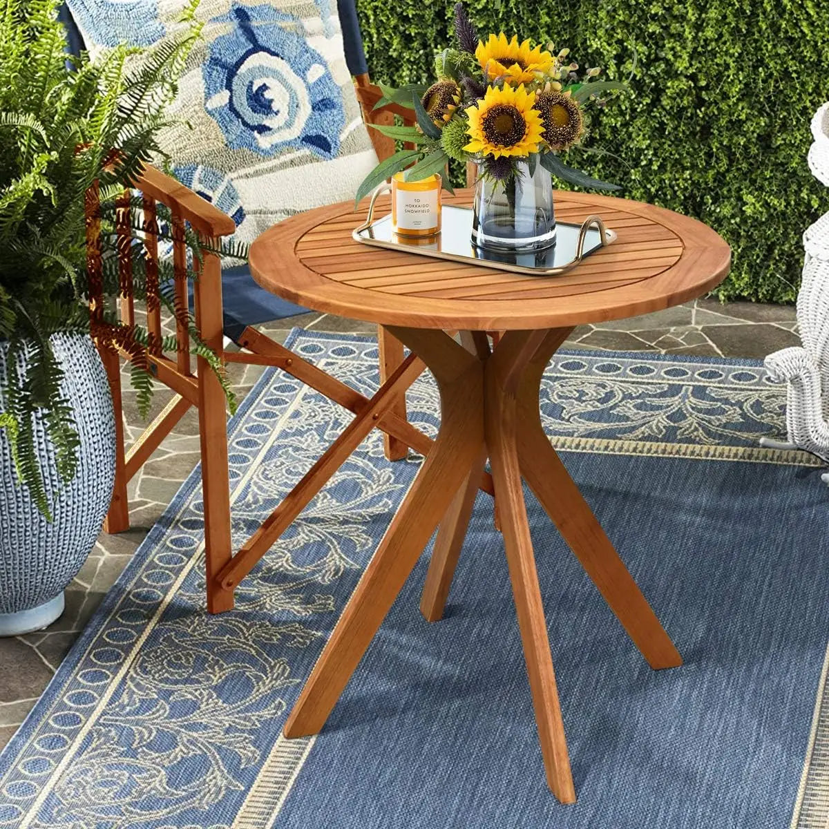 Comfort Corner 27.5 Inch Eucalyptus Wood Outdoor Patio Bistro Table, Wooden Table w/X Base