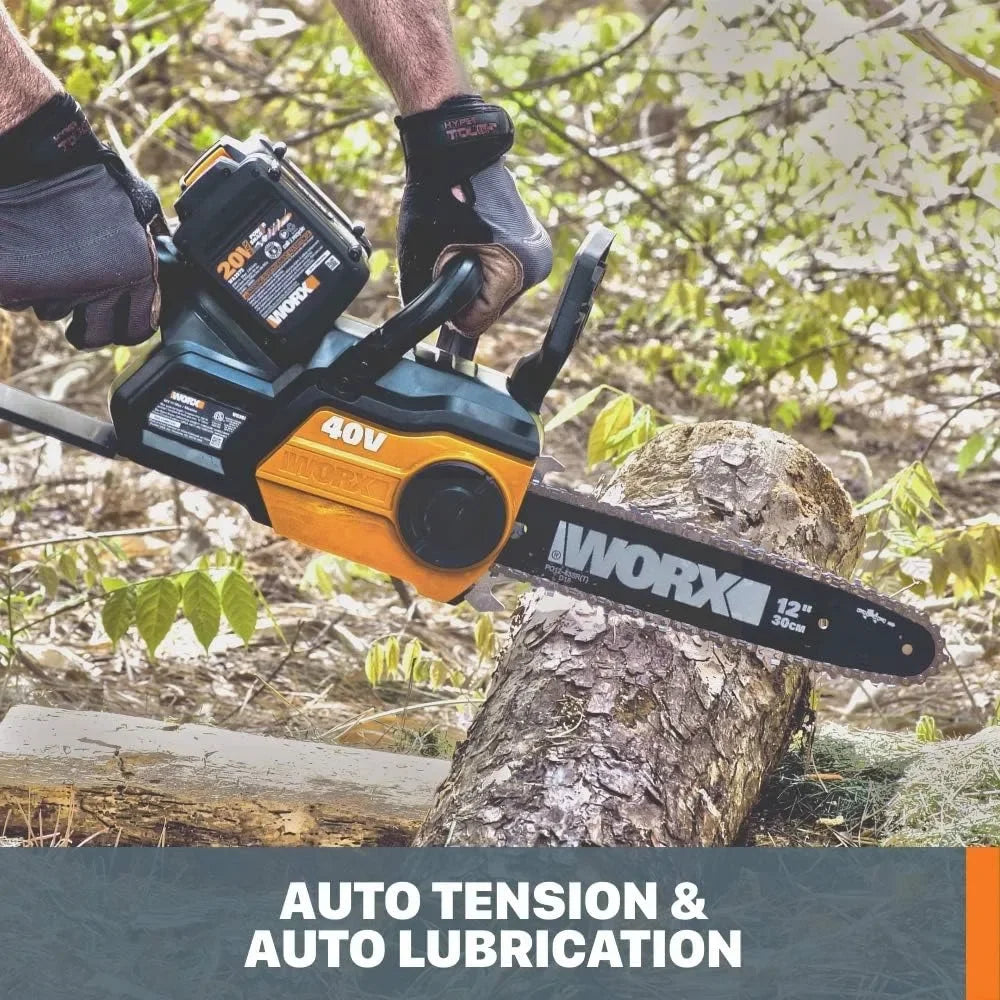 40V 12" Cordless Chainsaw Power Share w/Auto-Tension - WG381 (2-20Amp Batteries & Charger Included)