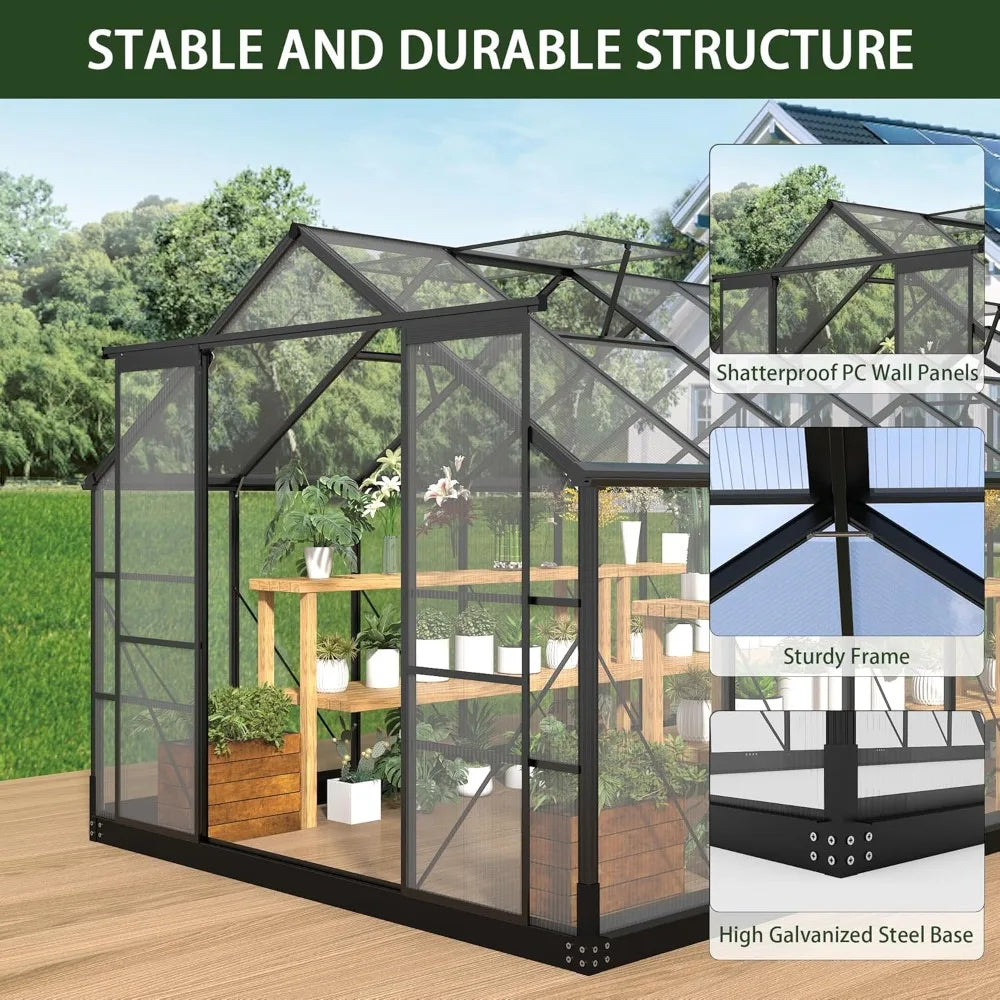 Greenhouse 8x16 ft polycarbonate greenhouse w/4 adjustable roof vents, walk-in aluminum frame