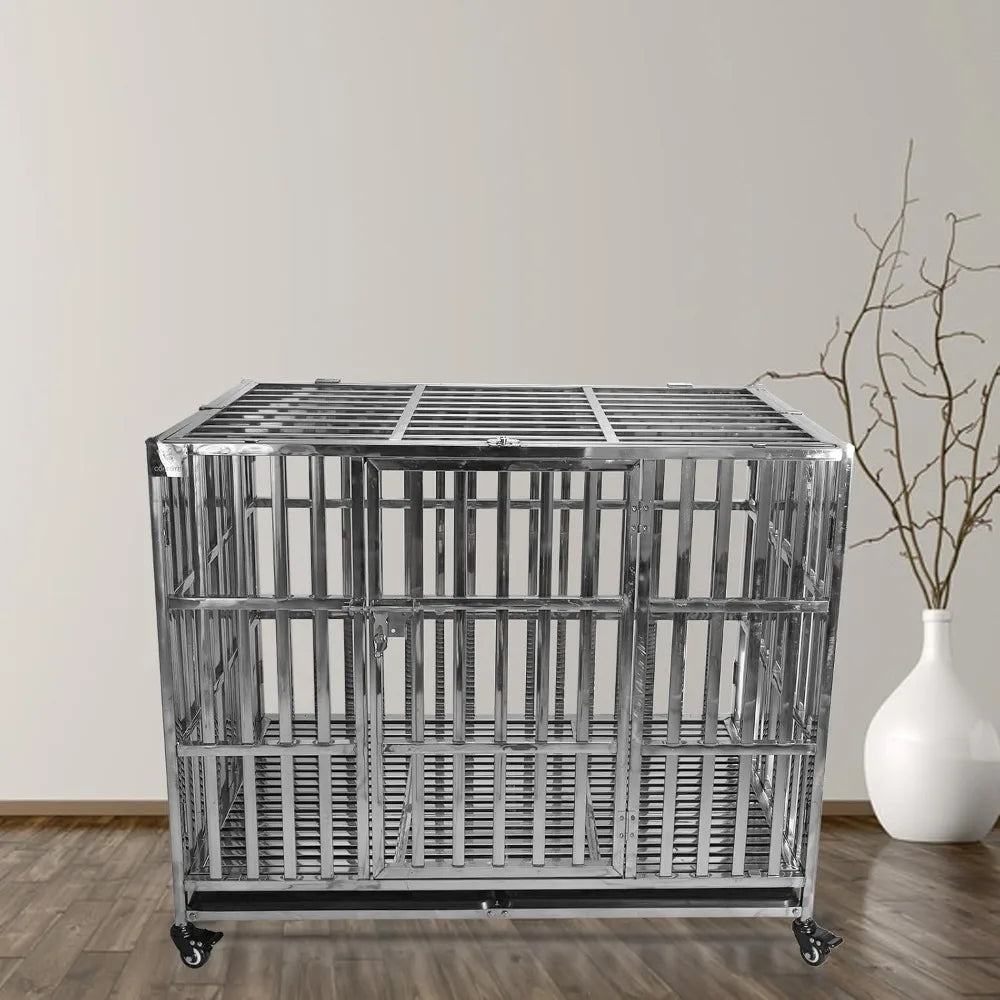 Heavy Duty Stainless Steel Dog Cage High Anxiety Indestructible and Escape-Proof Dog Crate Kennel