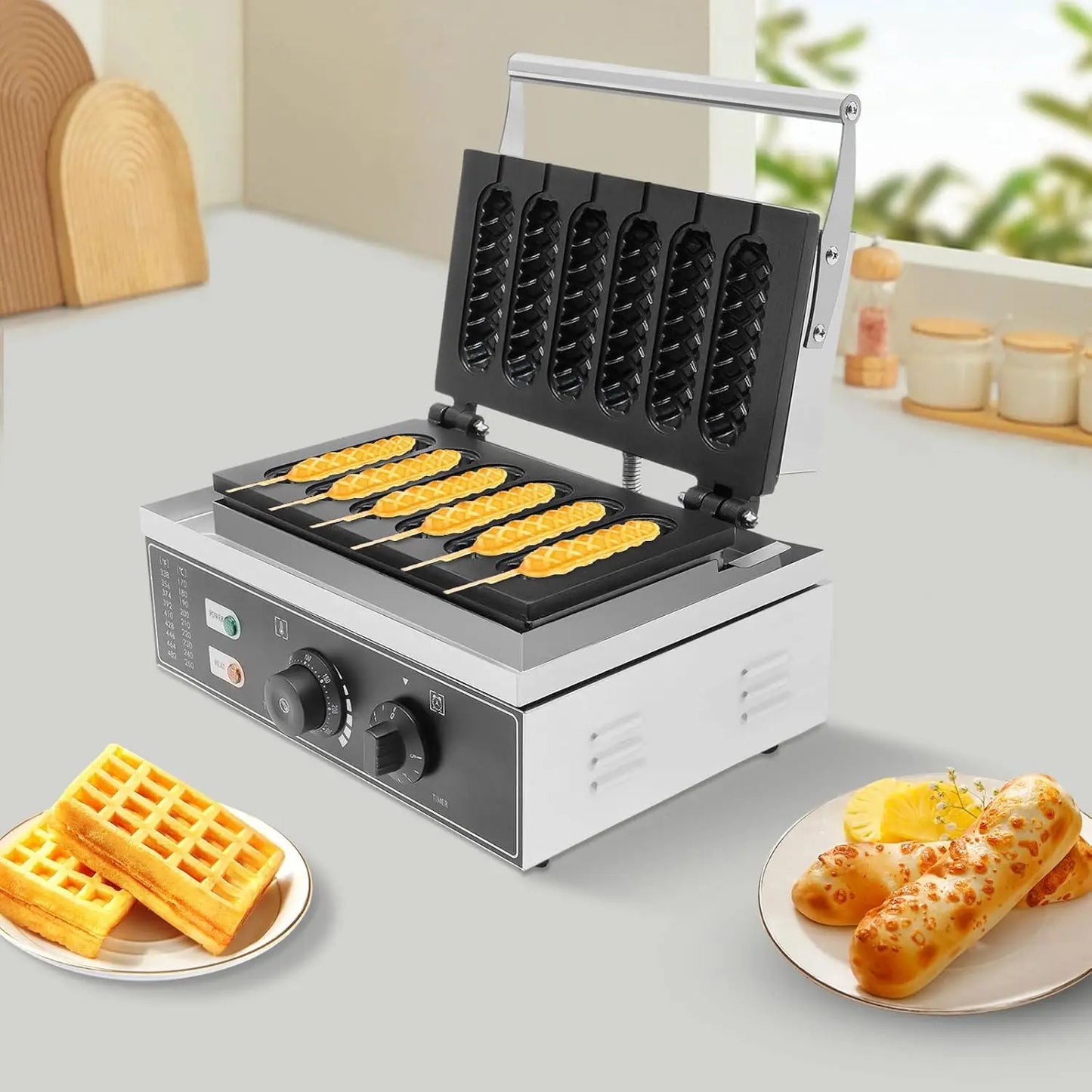 6pcs Hot Dog Waffle Machine,Commercial Nonstick Hot Dog Machine French Muffin Irons Stainless Steel