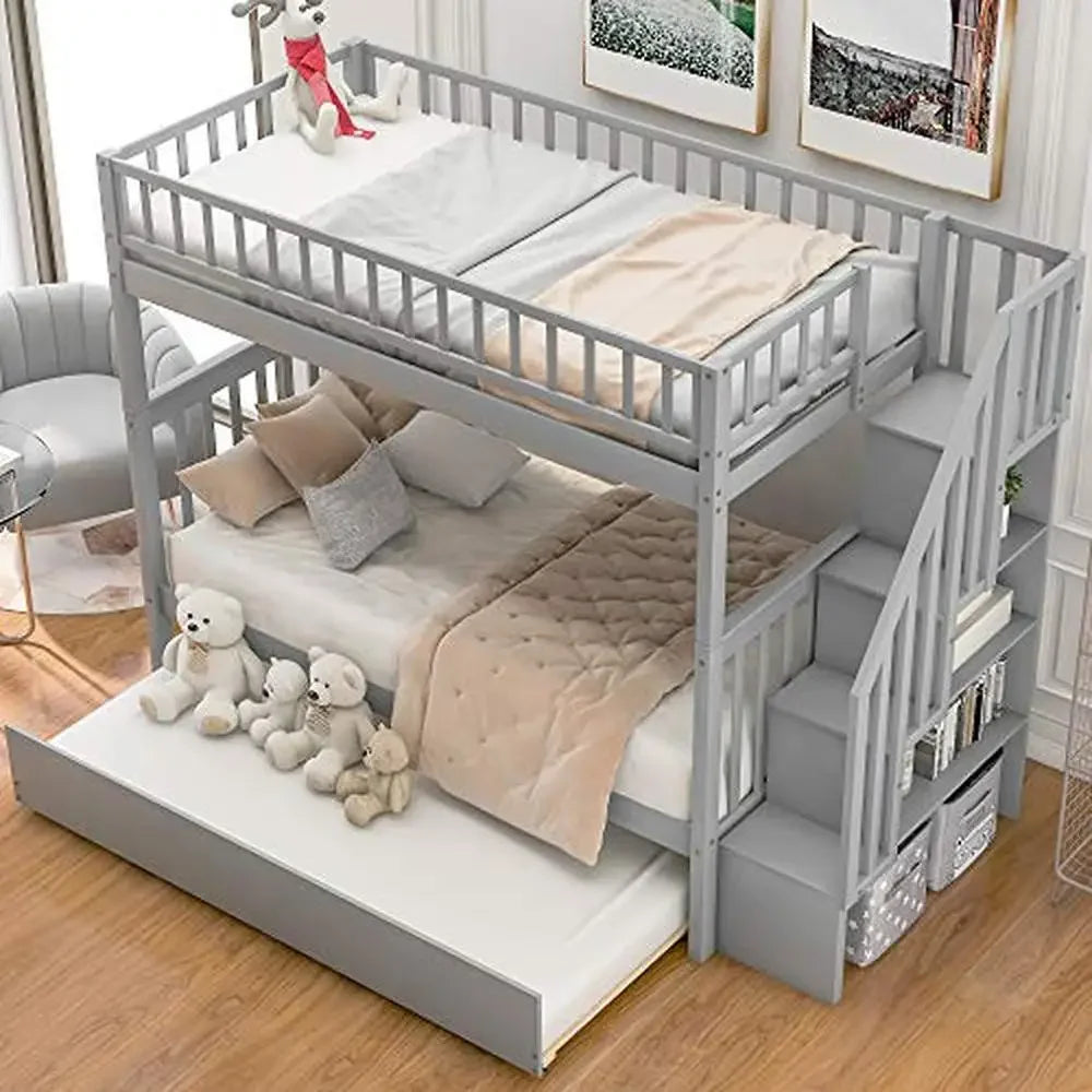 Modern Twin Bunk Bed with Trundle Storage Staircase & Guardrail Grey Solid Wood Design Sturdy