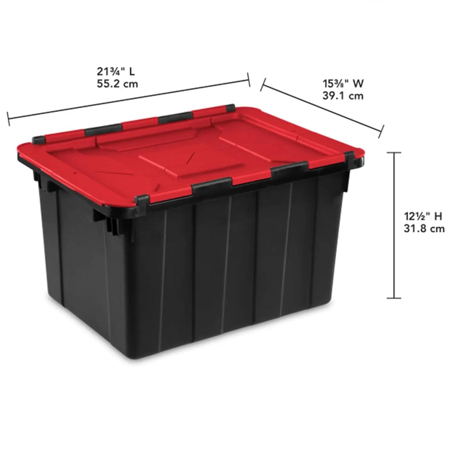 6 Pack Hinged Lid Industrial Totes, 12 Gal Stackable Storage Bins, Black/Red Lid