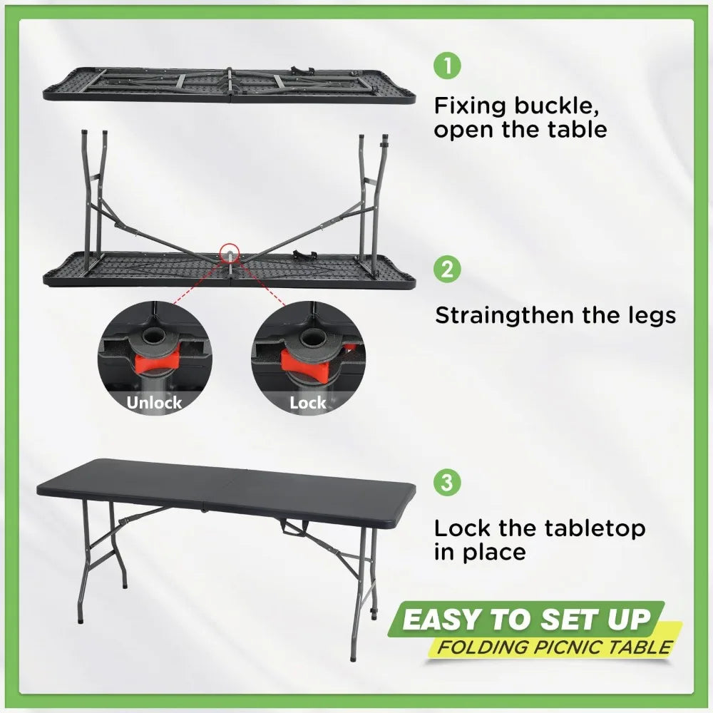 6 FT Folding Camping Table Heavy Duty Plastic Portable Square Dining Table