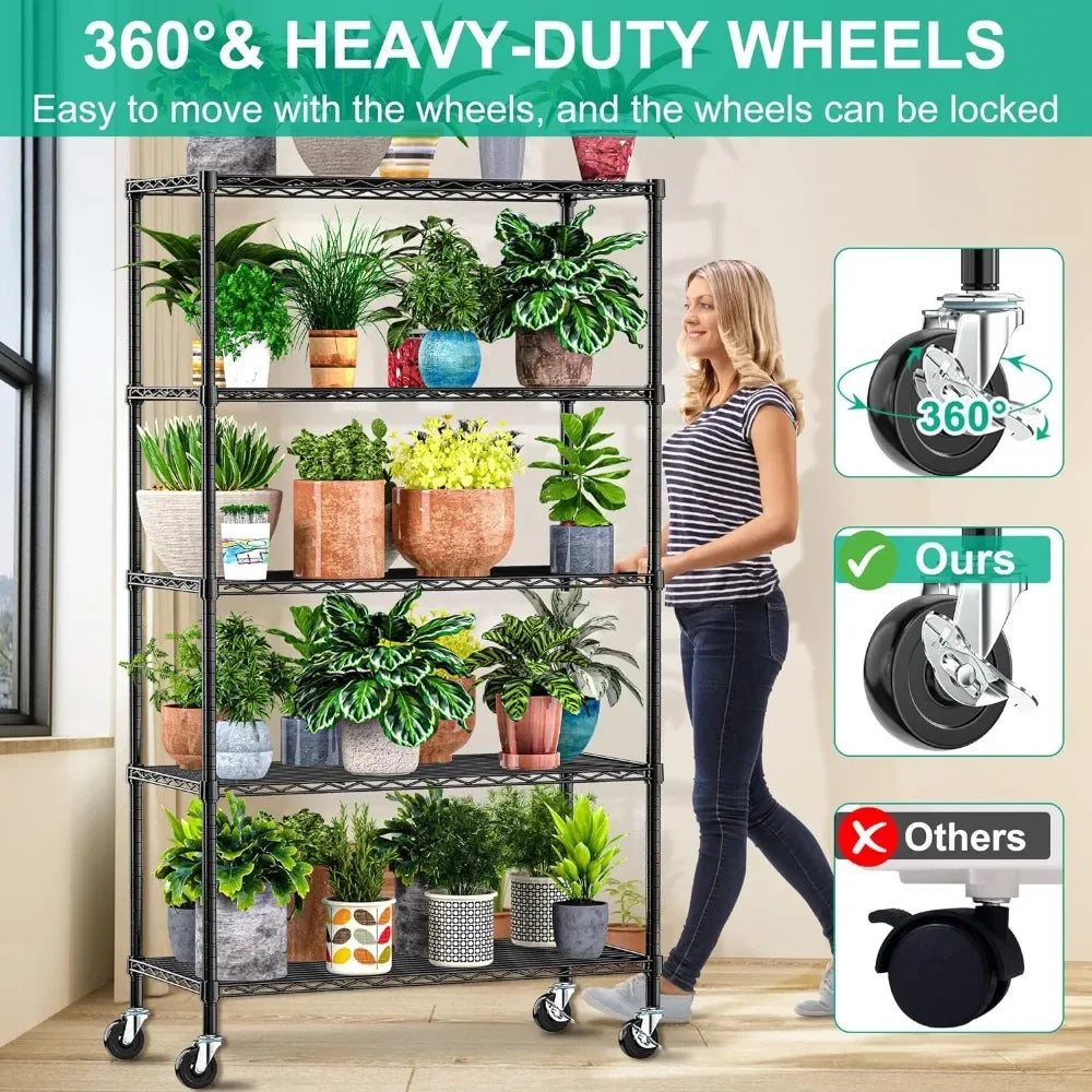 5 Tier Storage Shelves w/Wheels - Metal Shelves for Storage Adjustable Wire Shelving Unit Organizer