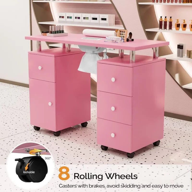 Manicure Table Desk for Tech, Table Station w/Electric Dust Collector, Makeup Storage