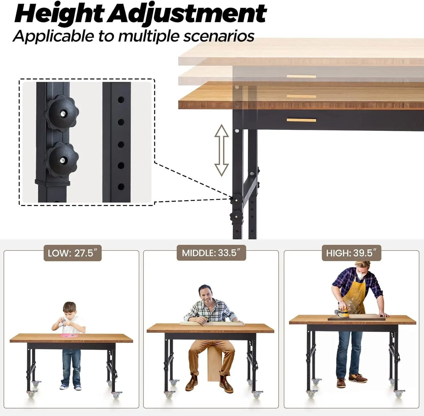 Workbench with Drawer, Power Outlet, Wheels, 59×23.6" Heavy Duty Adjustable Work Table