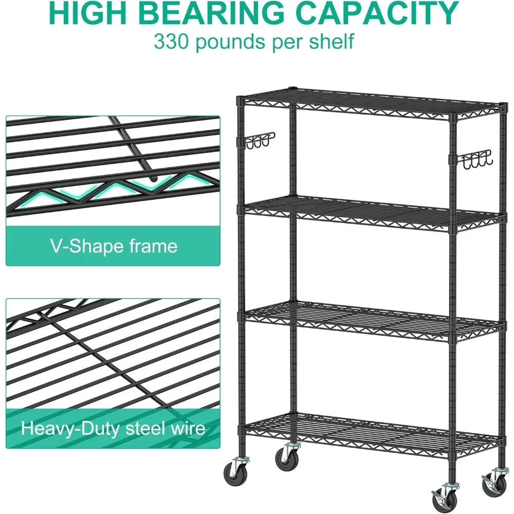 5 Tier Storage Shelves w/Wheels - Metal Shelves for Storage Adjustable Wire Shelving Unit Organizer